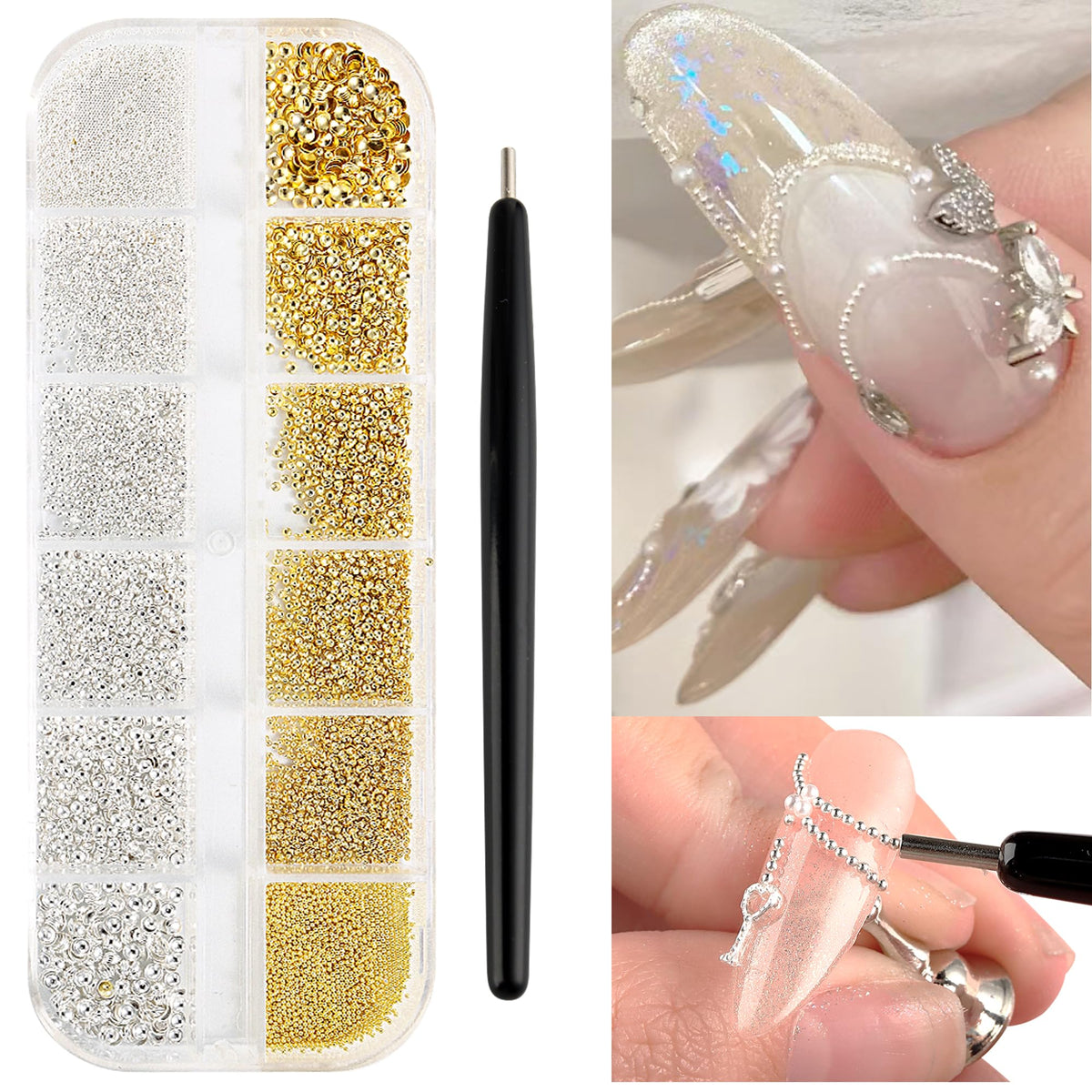 Fspronail 3D Nail Beads & Magnet Picker Tool - Metal Charms For Diy Nail Art, Gold & Silver