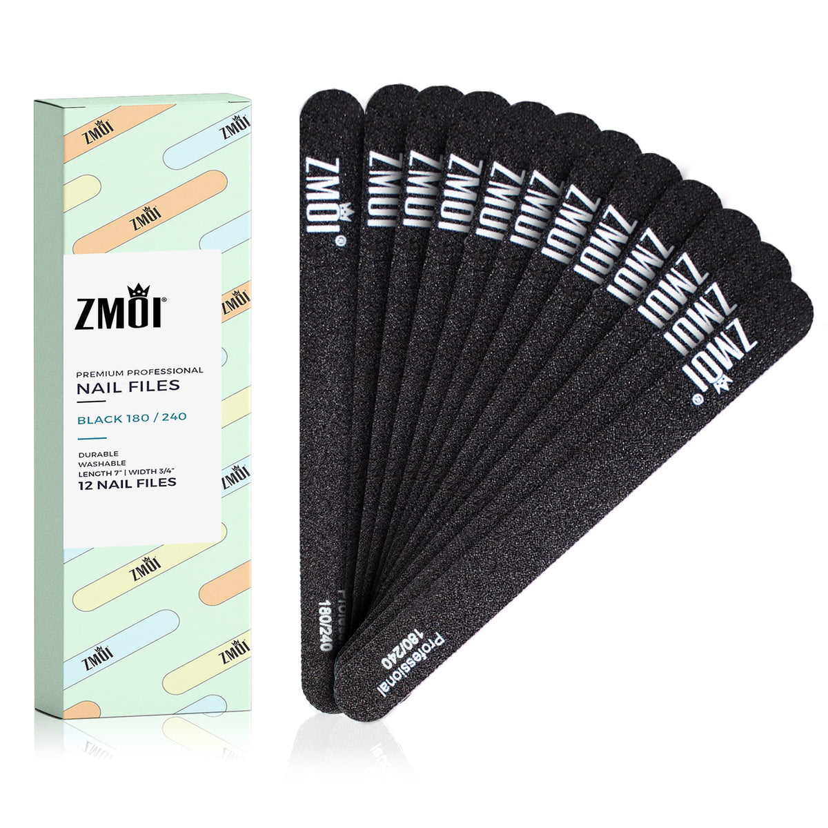 Zmoi 12 Pcs Nail Files - Washable Double Sided 180/240 Grit Emory Board For Salon & Home Use