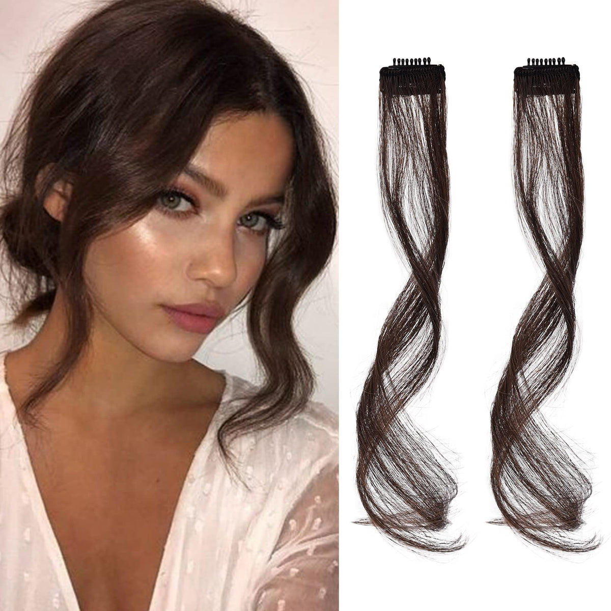 REECHO 12&quot; Wavy Curly Clip-In Side Bangs - Dark Chocolate Brown, 2 PCS Set for Daily Use