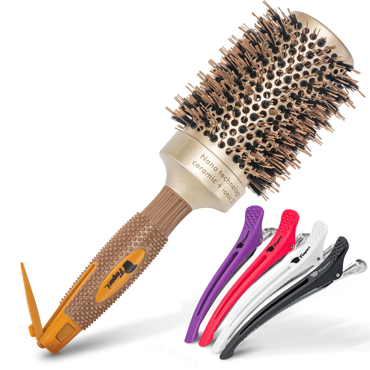 Fagaci Large Round Brush with Boar Bristles, Ceramic Gold for Blow Drying & Styling - 5 Piece Set