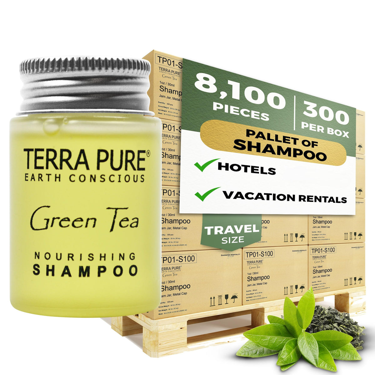 Terra Pure Green Tea Shampoo - Travel Size 1 Oz Jam Jar, Bulk Set For Airbnb Essentials, 8100 Pcs