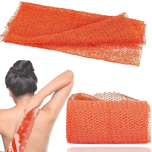 Jassins African Net Long Bath Sponge, Exfoliating Back Scrubber, 66&quot; Stretch, Orange