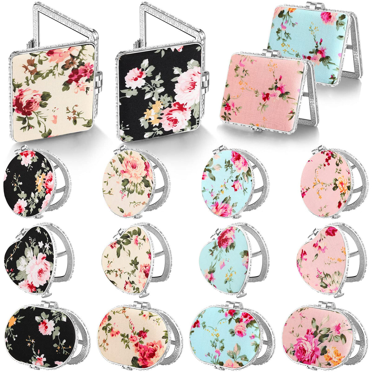 Blulu Compact Mirror Set - 16 Floral Pocket Mirrors, Silver Edge, Portable Travel Makeup Gift