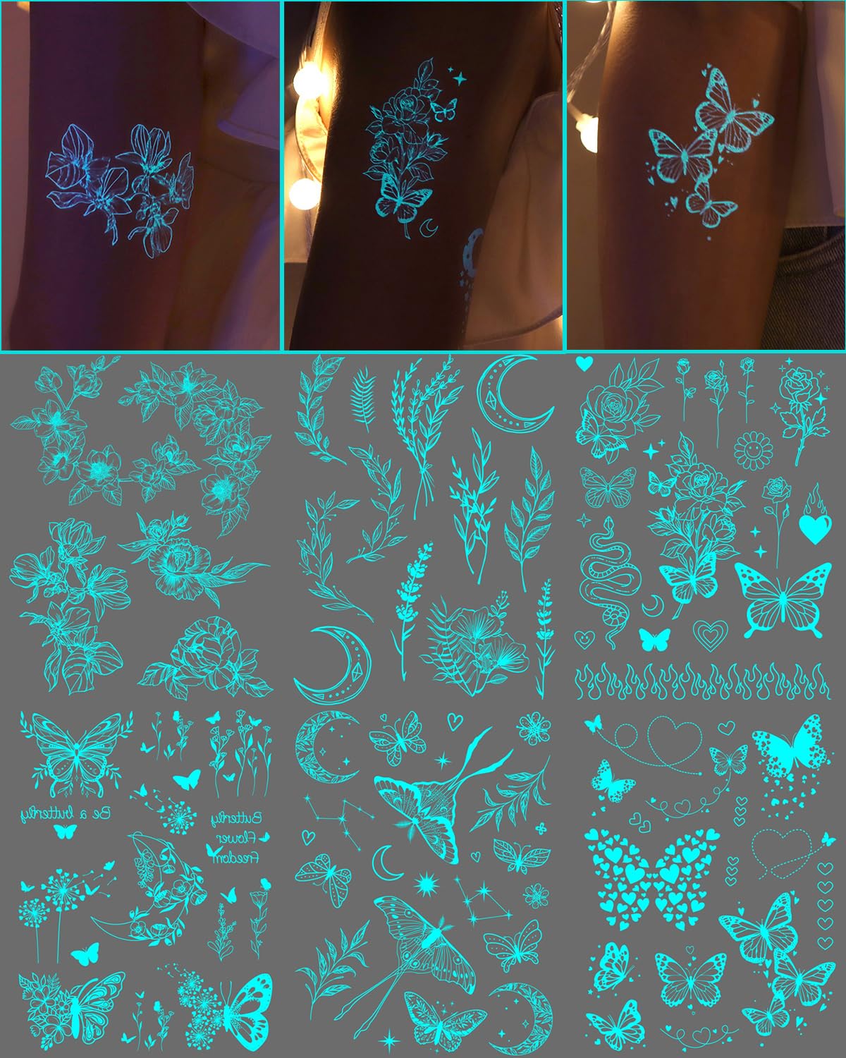 Onogola Glow In The Dark Butterfly Tattoos - 7 Sheets Waterproof Flower Stickers For Parties