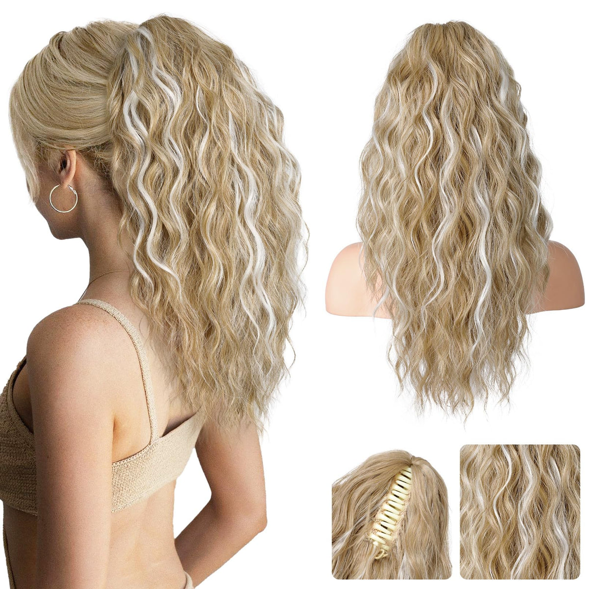 REECHO 18&quot; Clip in Ponytail Extension, Soft Wavy Synthetic Hairpiece - Ash Blonde Highlights