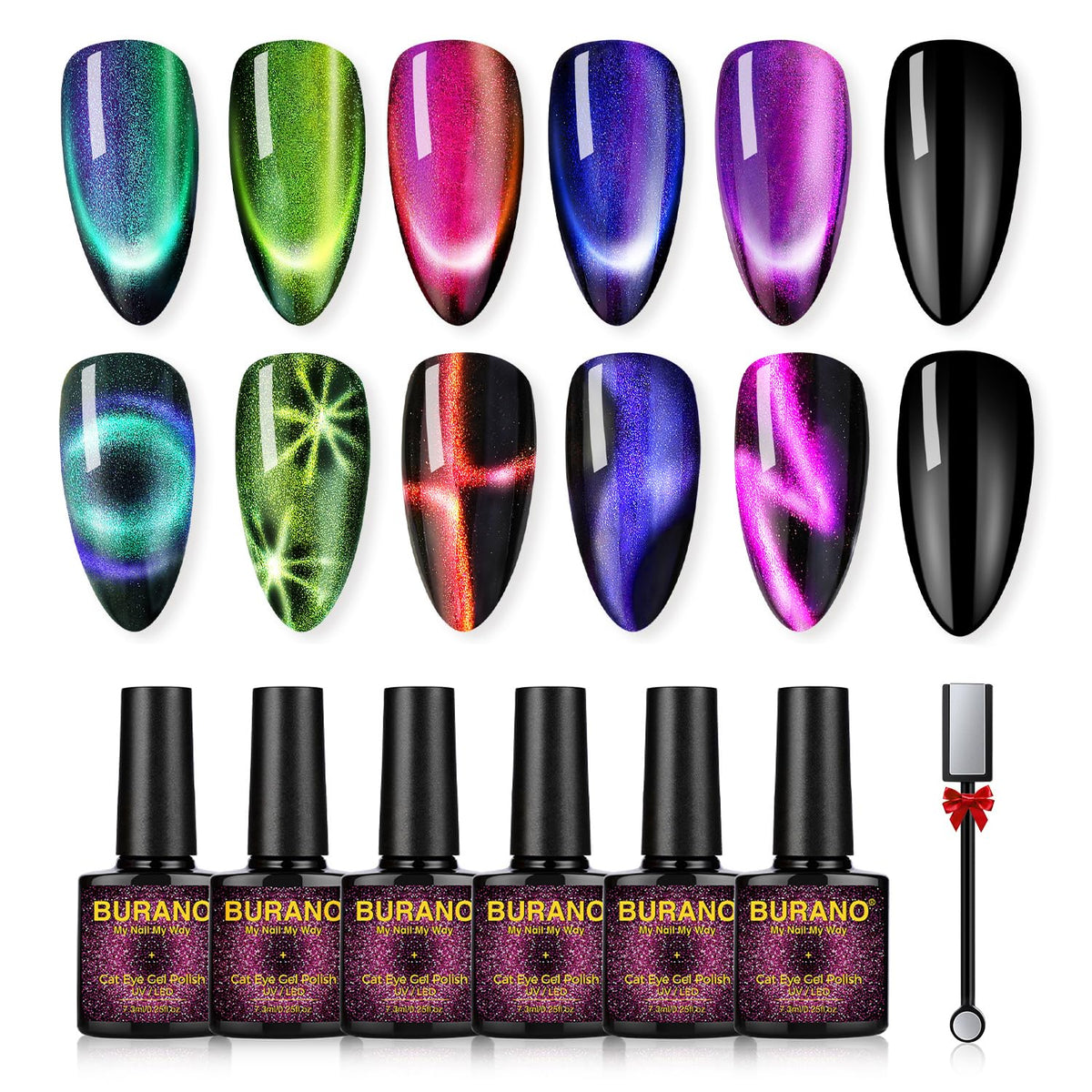 Burano 9D Holographic Cats Eyes Gel Nail Polish Set - Magnetic Black Uv Led Gel, 0.25 Fl Oz