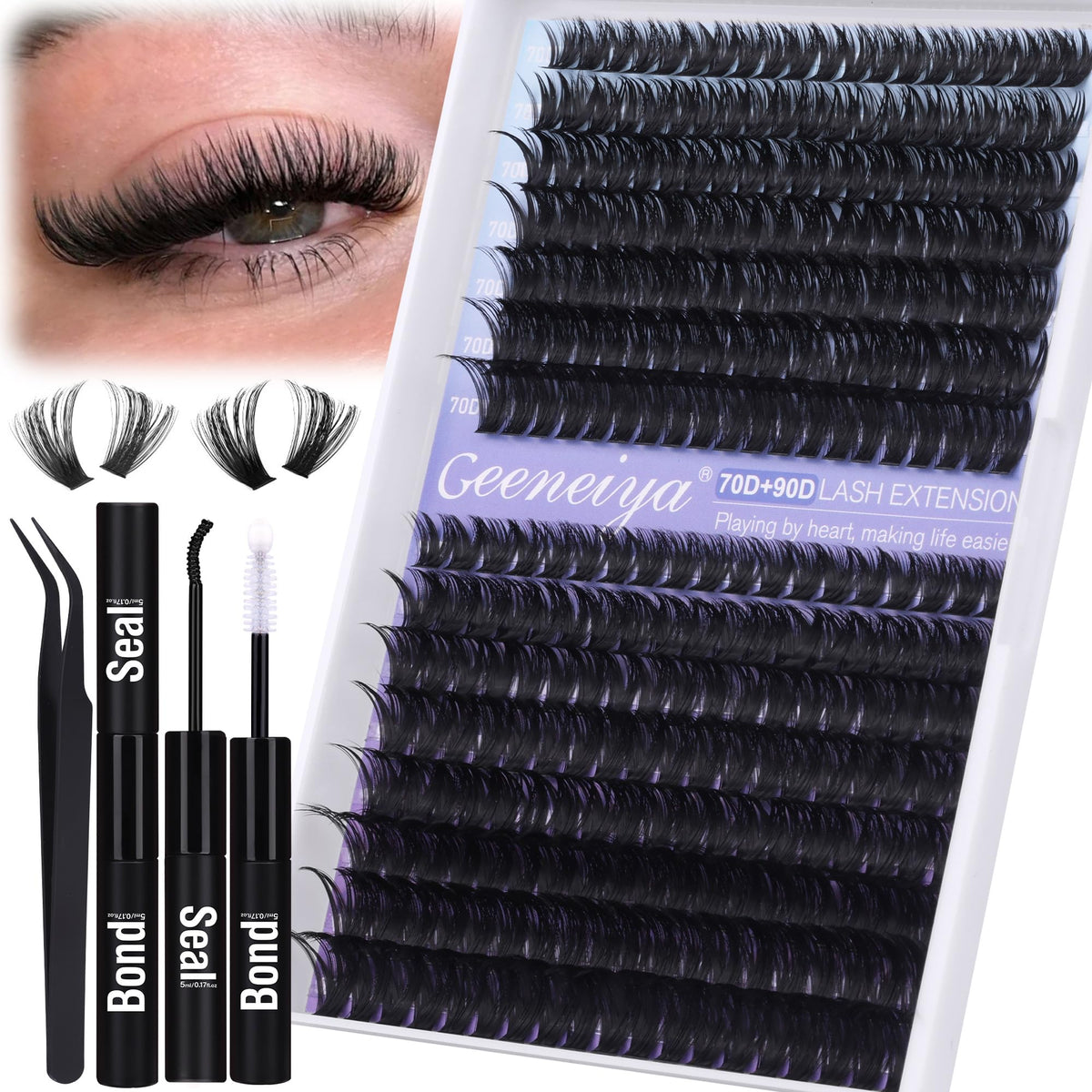 Geeneiya Wispy Lash Clusters Kit - 300Pcs Natural Eyelash Extensions With Waterproof Glue & Tweezers