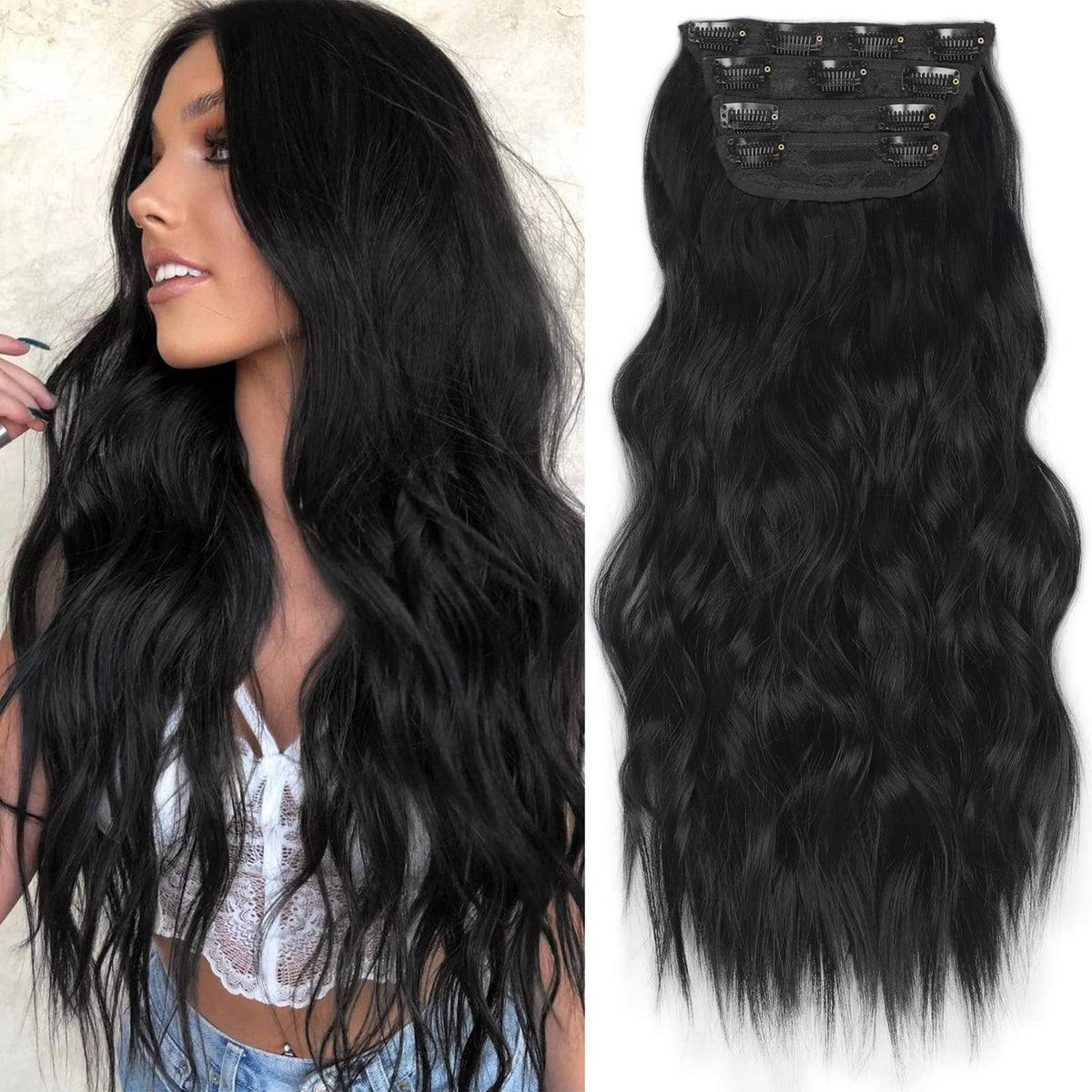 Kookastyle 16 Inch Clip In Synthetic Hair Extensions - Thick Wavy Black Fiber For Women