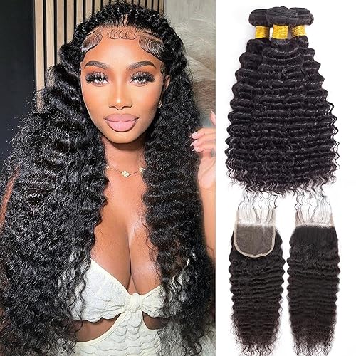 FASHION VILA Brazilian Deep Wave 3 Bundles with 4x4 Closure, 100% Human Hair, Natural Color