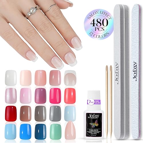 Jofay Fashion Ombre Short Fake Nails Kit - 480pcs Acrylic Press On with Glue, File & Buffer