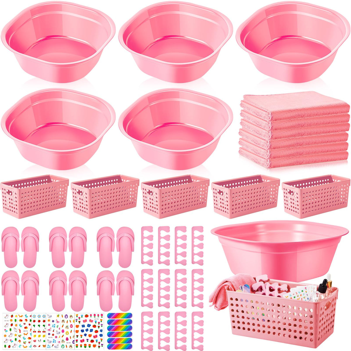 Mumufy Kids Foot Spa Kit - 6 Sets For Girls, Pink Washbasin, Towels & Nail Kit For Spa Parties