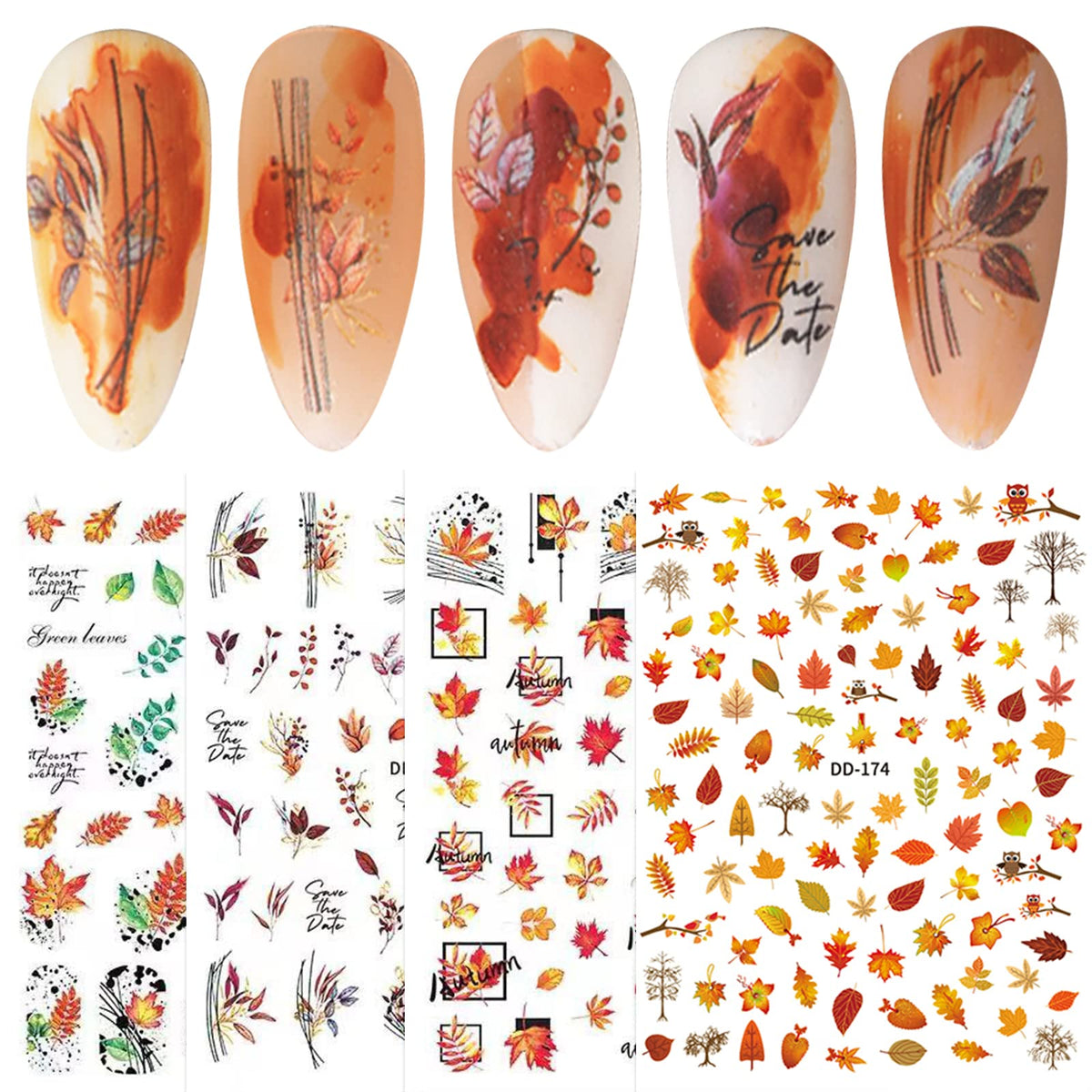 Jmeowio 10 Sheets Fall Nail Art Stickers - Thanksgiving Maple Leaf & Pumpkin Designs For Women