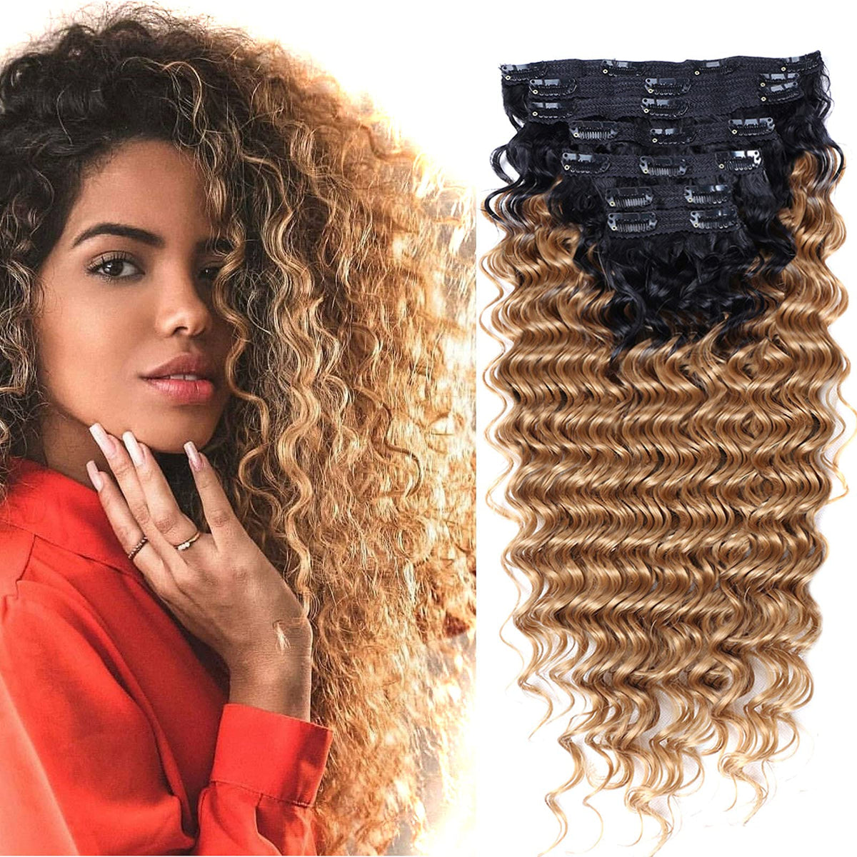 Fashion Icon Hair Deep Wave Clip In Extensions 24 Inch Ombre Synthetic  #T1B/27 Natural Look