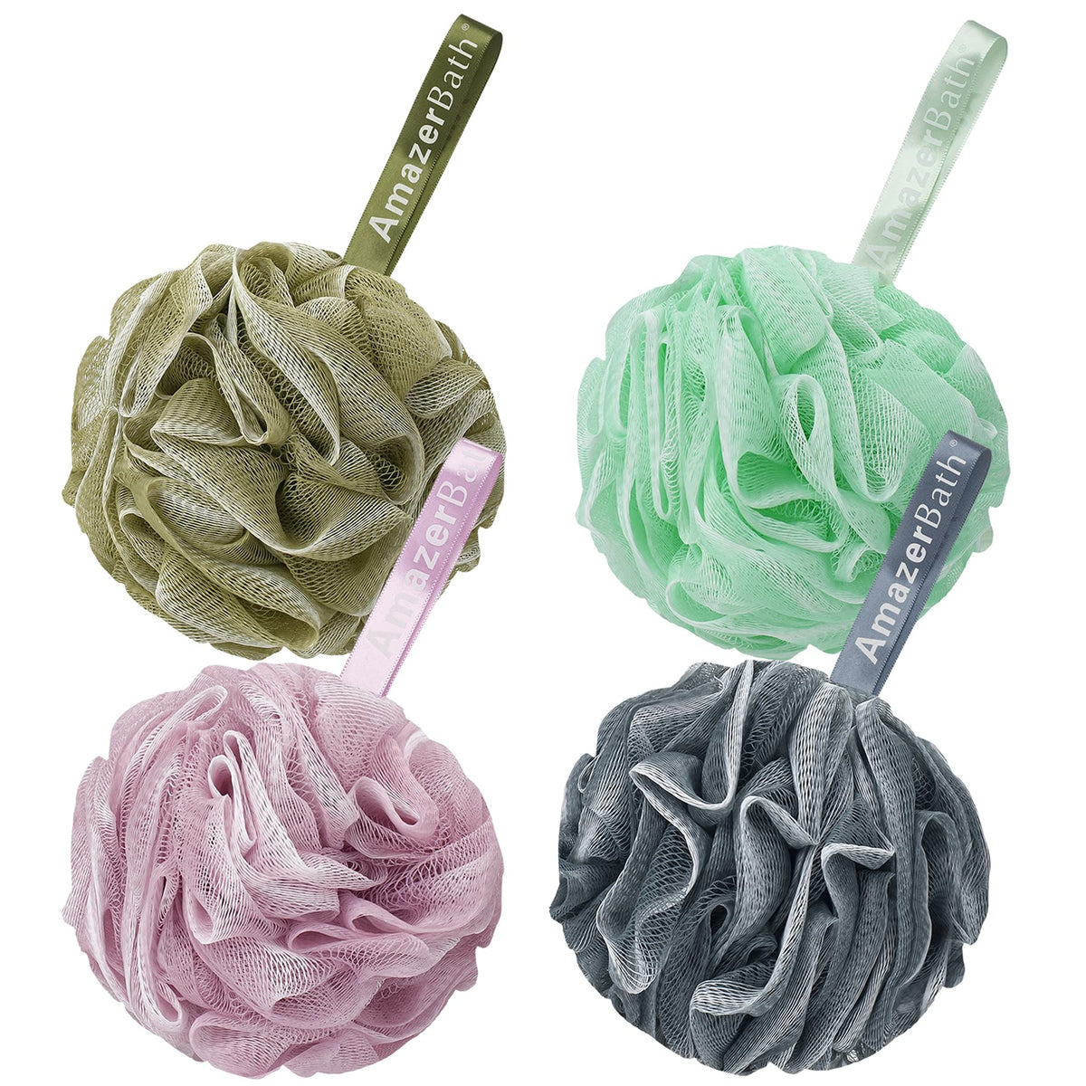 Amazerbath Exfoliating Loofah Sponge Set Of 4 - Army Green, White, Grey, Pink Body Scrubber