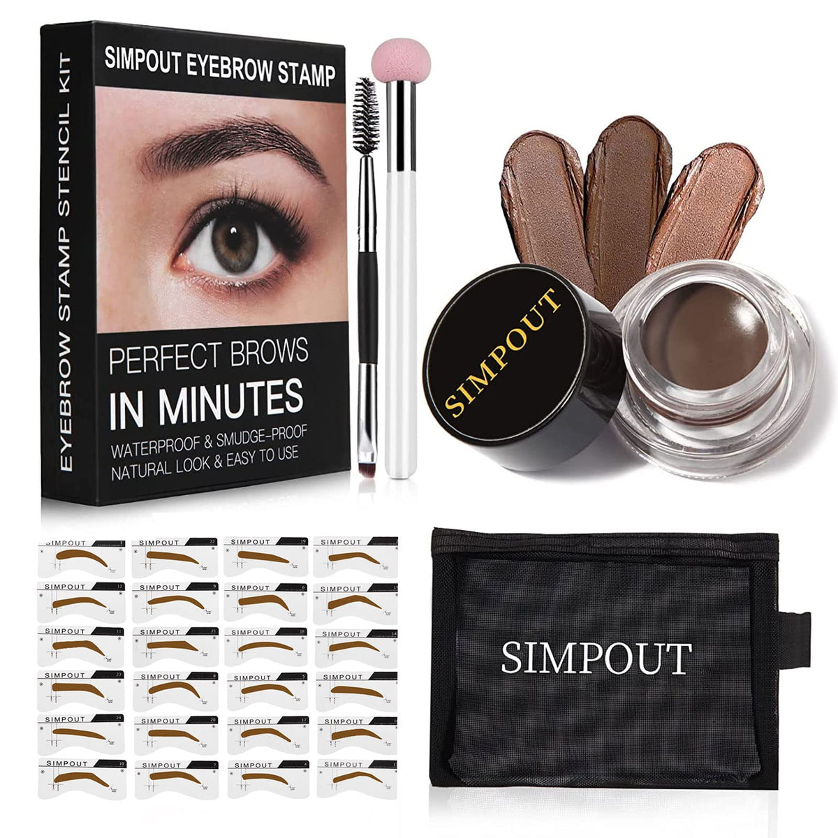 Simpout Eyebrow Stamp Stencil Kit - Waterproof Brow Kit With 29 Stencils & Sponge Applicator, Dark Brown