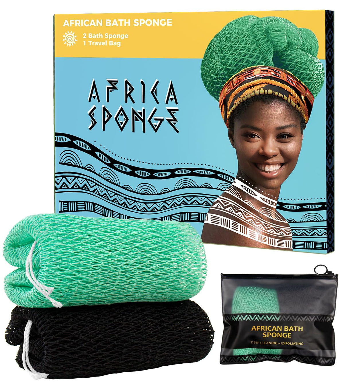 Relaxscene African Net Sponge - 2 Pack Authentic Loofah Shower Sponges, Black & Seawave