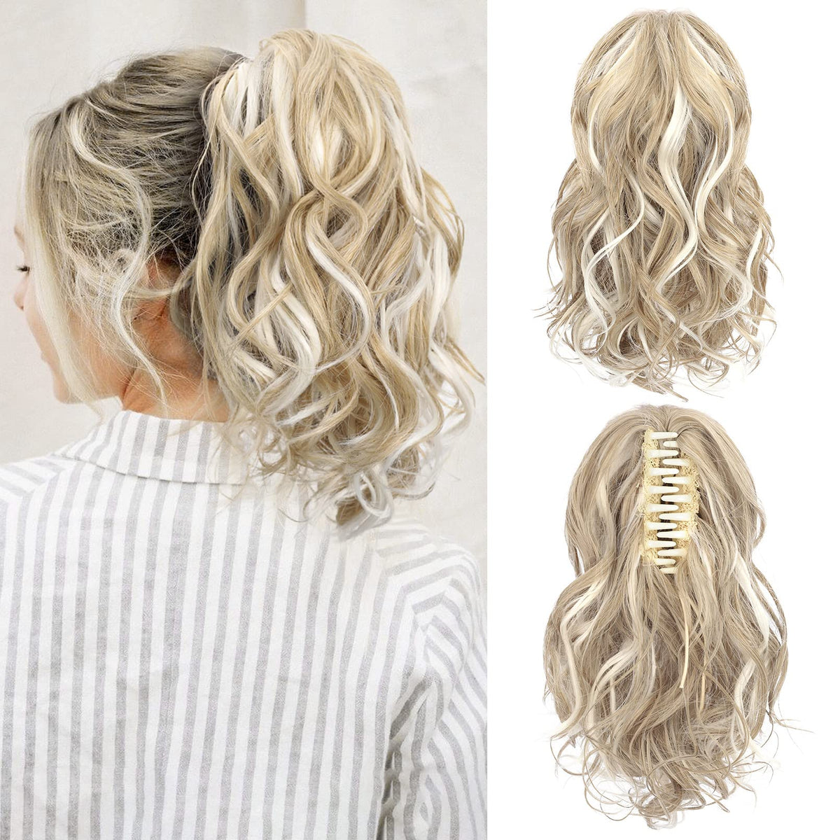 Seikea 10&quot; Wavy Curly Ponytail Extension - Medium Blonde With White Highlights, Synthetic Hairpiece