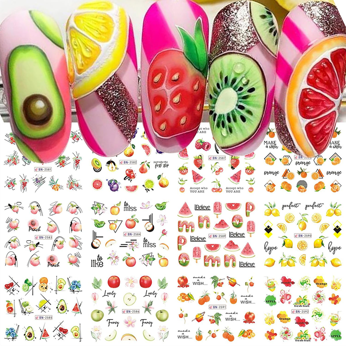 Kstbjn Summer Fruit Nail Art Stickers - 12 Sheets Water Transfer Decals For Cute Nails