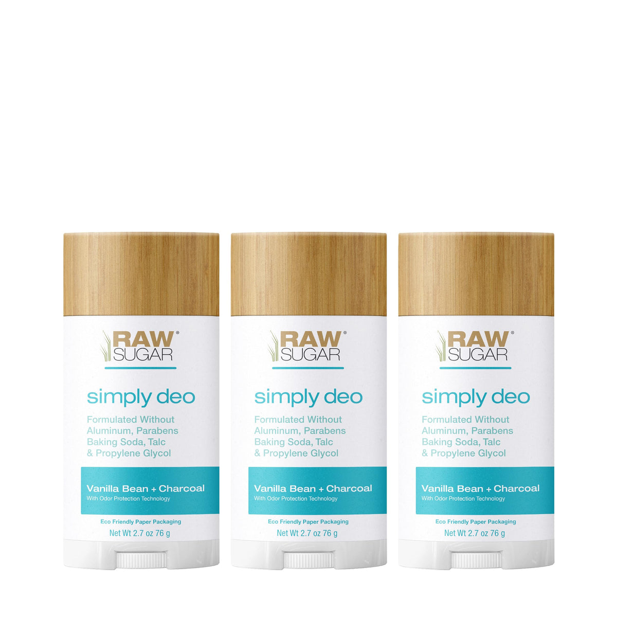 Raw Sugar Aluminum Free Deodorant Stick Bundle, 3 Pack, Clean Formula, Vanilla Bean + Charcoal