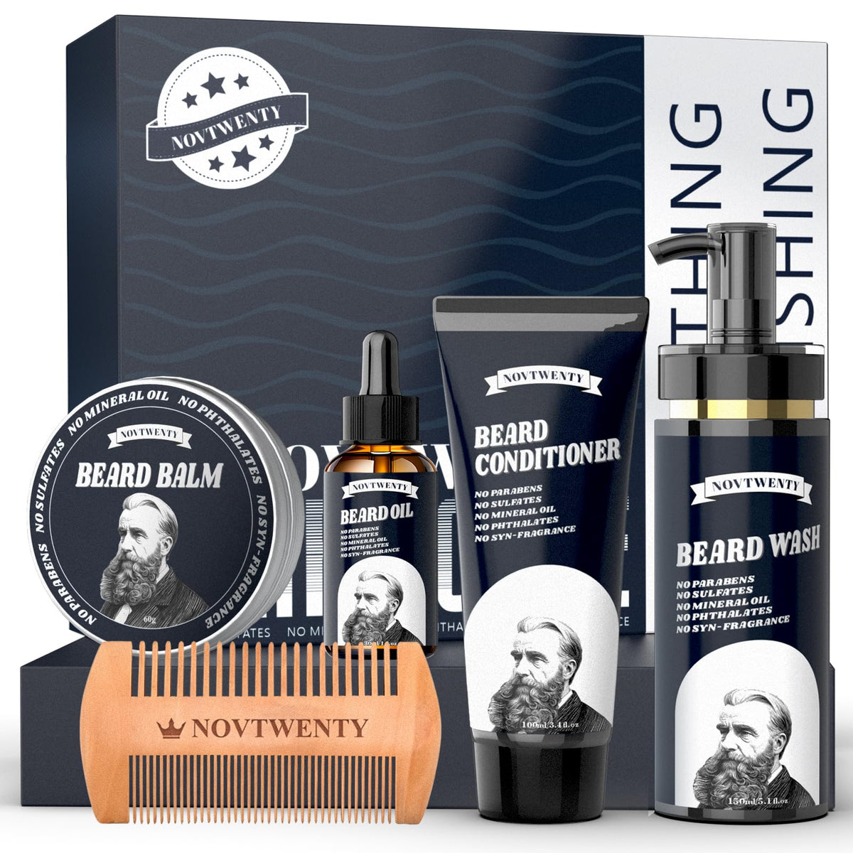 Novtwenty Beard Growth Kit - Men'S Natural Care Set With Wash, Oil, Conditioner, Balm & Comb