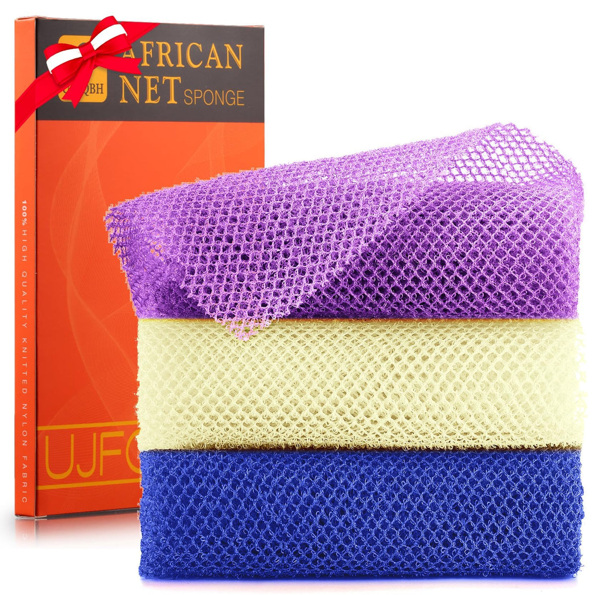 Ujfqbh 3-Pack African Bath Sponge Set - Exfoliating Shower Scrubber, Purple, Blue, Off-White