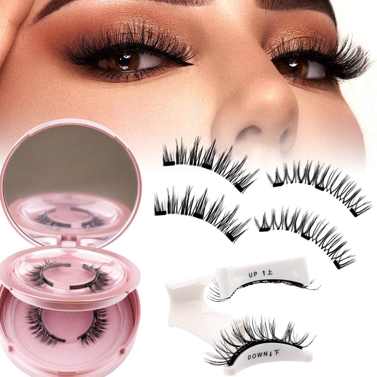 Gemerry Natural Magnetic Eyelashes Kit - 2 Pairs With Applicator & Mirror, Glue-Free