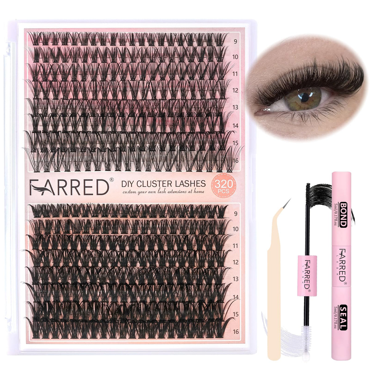 Farred 320Pcs Lash Clusters Kit - 9-16Mm Wispy Individual Eyelash Extensions With Bond & Tweez