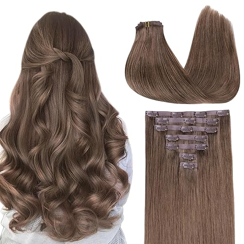 GOO GOO 16&quot; Clip in Remy Human Hair Extensions 130g - 7Pcs Light Ash Brown for Women