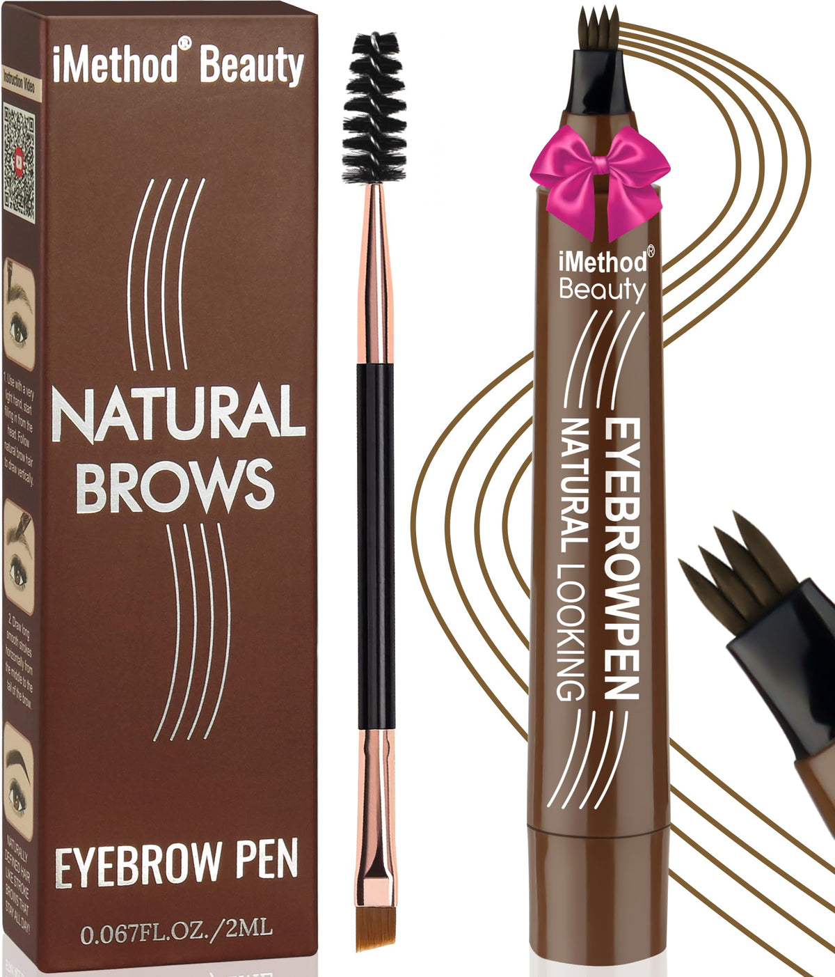 iMethod Eyebrow Pen - Brown Microblading Pencil with 4 Fork Tip & Spoolie Brush for Natural Brows