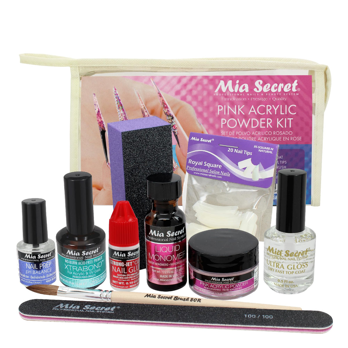 Mia Secret Pink Acrylic Powder Nail Kit - 28 Piece Set With Monomer, Primer, Tips & Tools