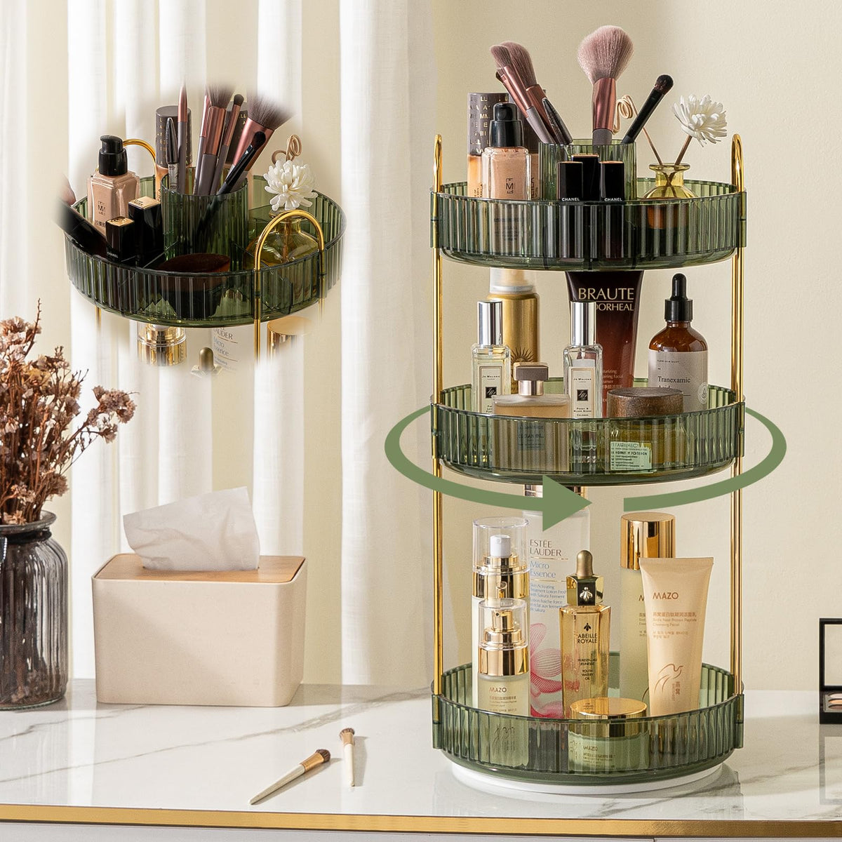 Shuang Qing 360° Rotating Makeup Organizer - 3 Tier Gem Green Vanity Storage For Skincare & Cosmetics