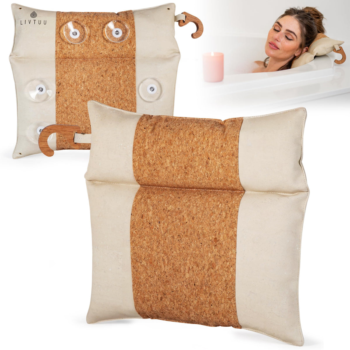 Livtuu Luxury Cork Bath Pillow - Quick Dry Spa Headrest For Neck & Back Support, 13.5&quot; X 14