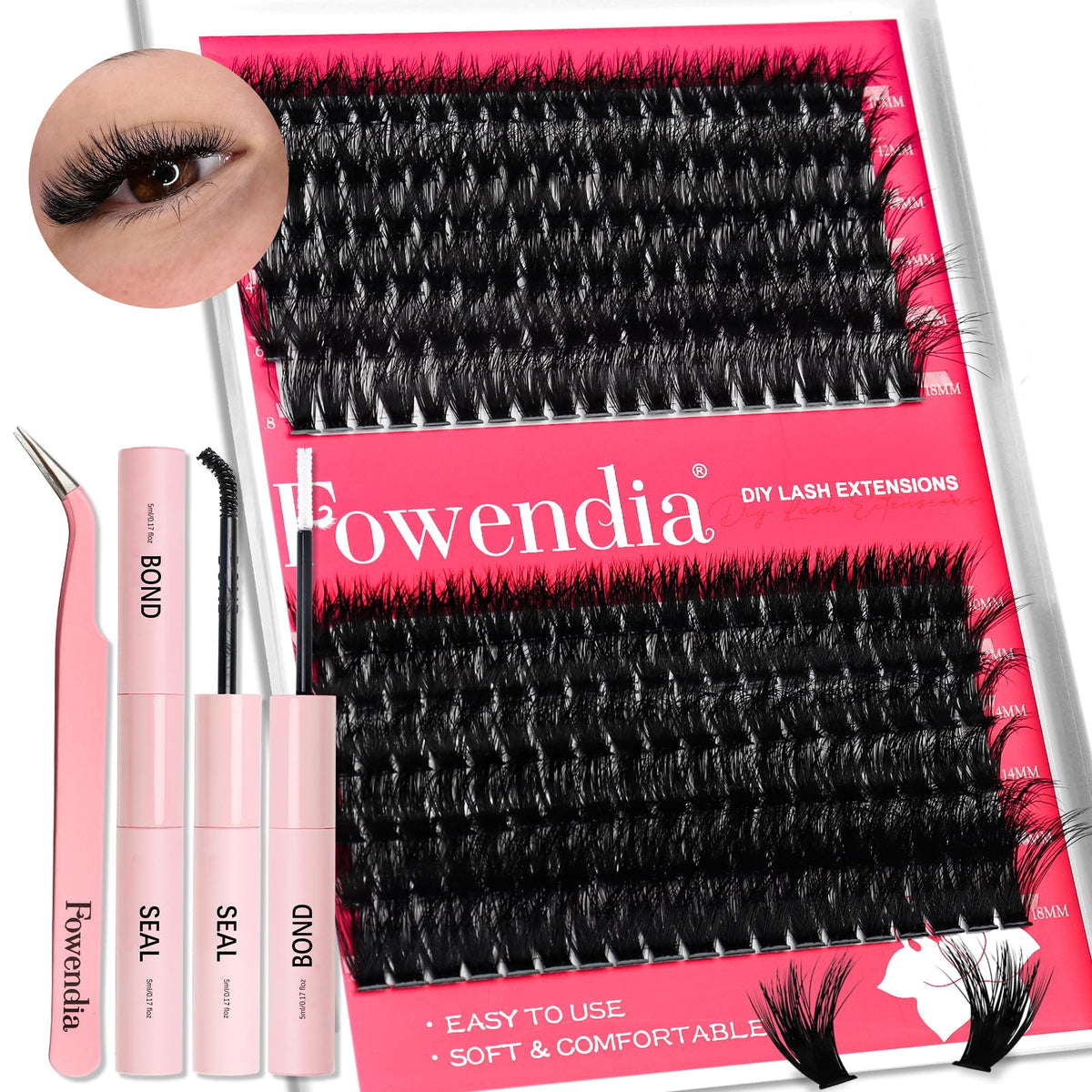 Fowendia 60D/80D Lash Clusters Kit - D Curl Faux Mink Individual Eyelash Extensions, Waterproof