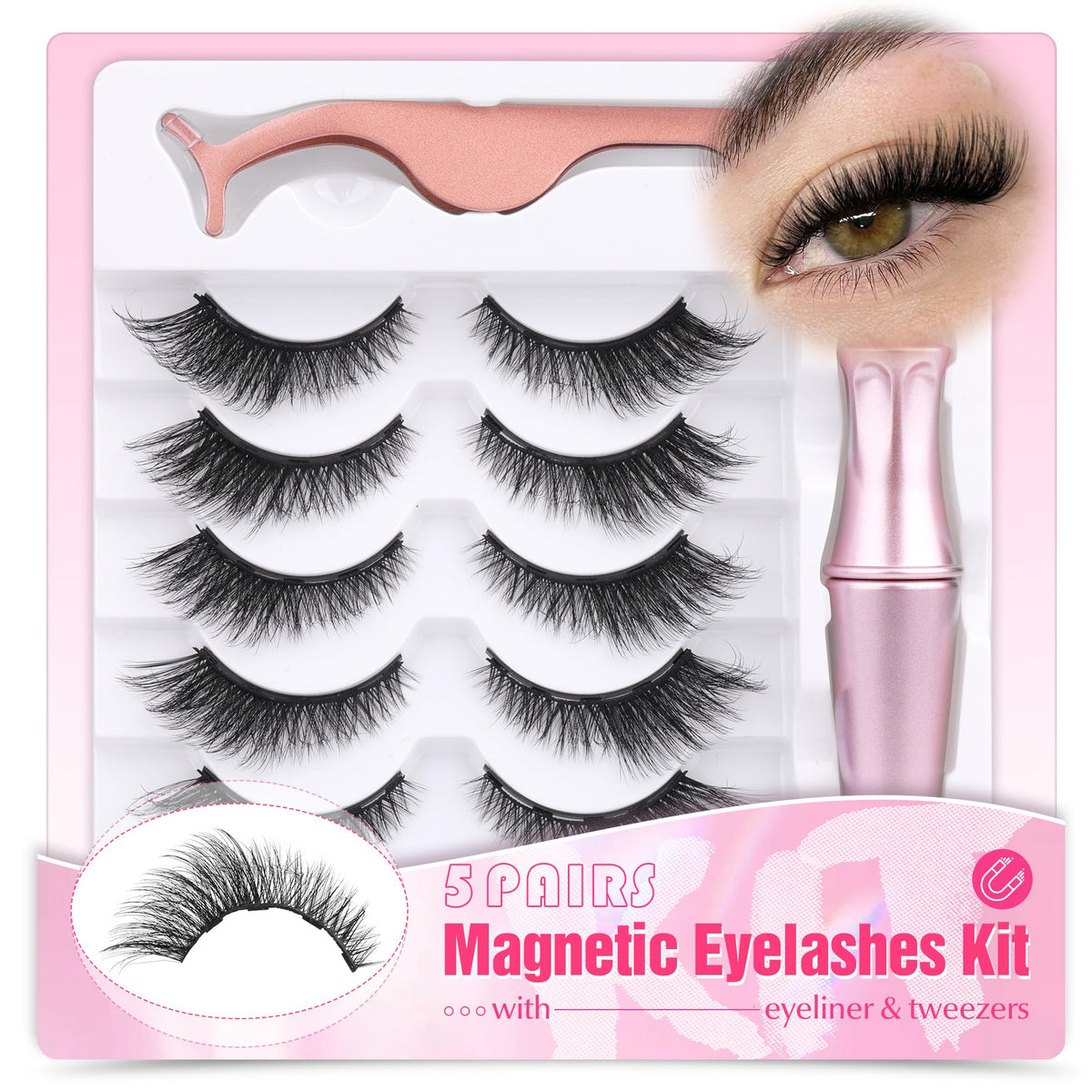 Mavphnee Magnetic Lashes Kit - 5 Pairs Fluffy Wispy Eyelashes With Eyeliner, No Glue,