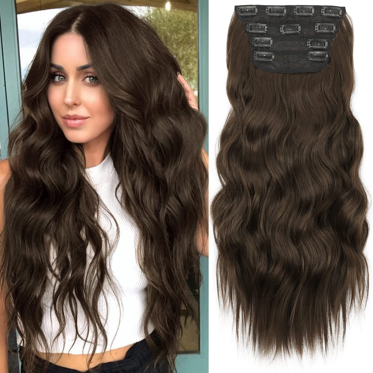 Kookastyle 20 Inch Dark Chocolate Brown Clip-In Synthetic Hair Extensions, Wavy 4Pcs