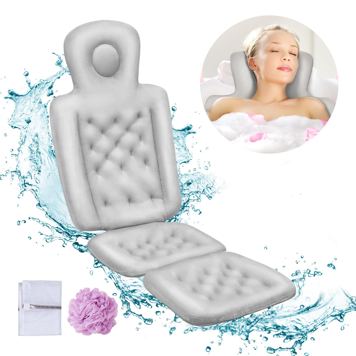 Idefair Full Body Bath Pillow - Luxury Bath Cushion With 192 Suction Cups, Grey 50.5&quot; X 15.