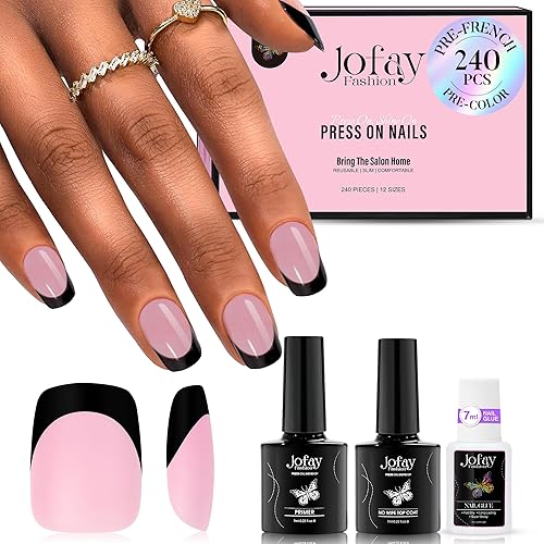 Jofay Fashion 240Pcs Short Black Pink French Tip Press On Nails Kit With Solid Gel Glue