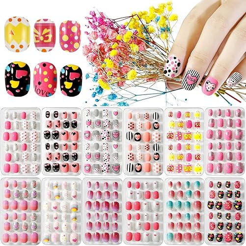 Kalolary 288PCS Kids Press-On Nails - Candy Pattern Short False Nails with Adhesive Tabs