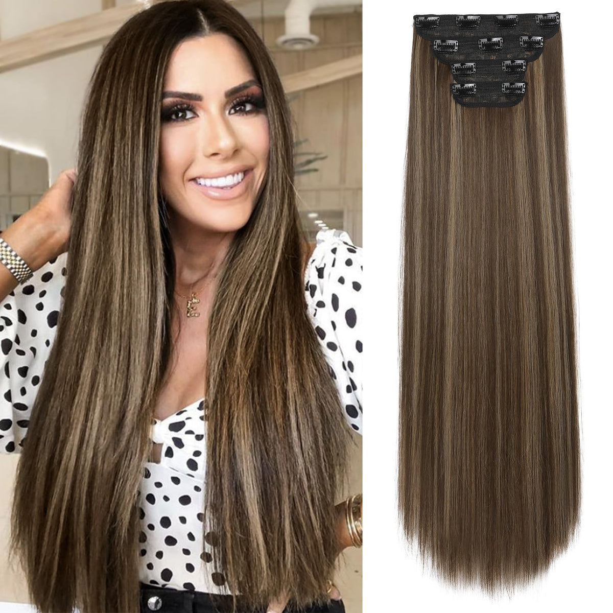 REECHO 28&quot; Thick Clip-In Hair Extensions - Chocolate Brown with Highlights, 4 PCS Set