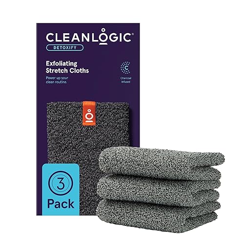 Cleanlogic Body Exfoliating Cloth - Charcoal Infused Washcloths, 3 Count Value Pack, Coral/Emerald