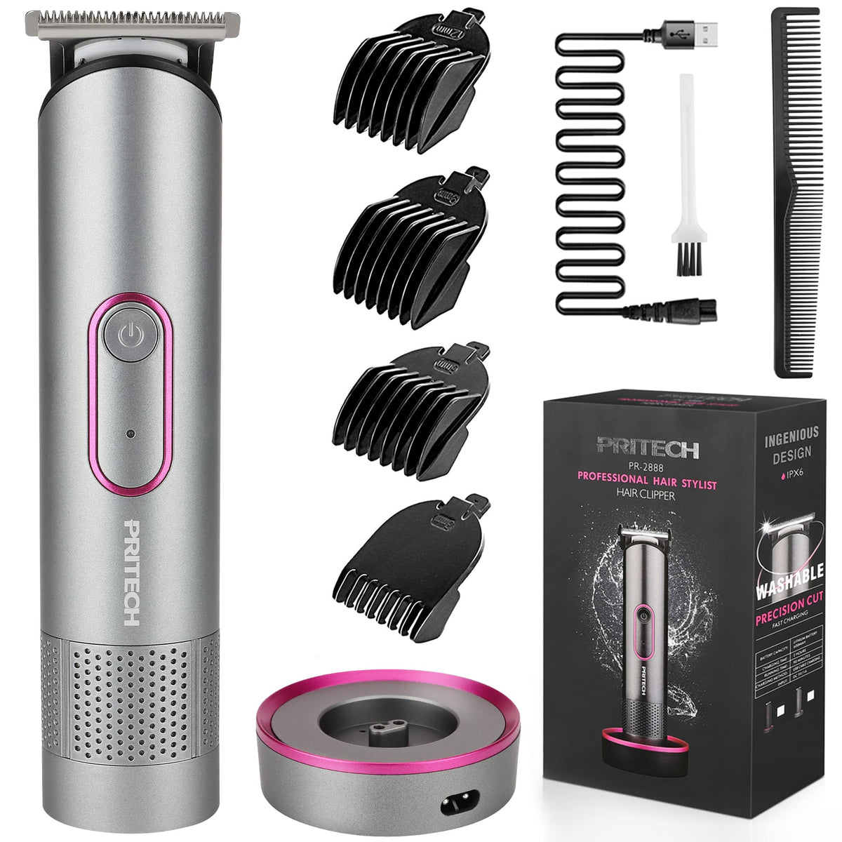 Pritech Waterproof Hair Trimmer Set - Rechargeable Electric Shaver With Dock, Gray/Fuchsia