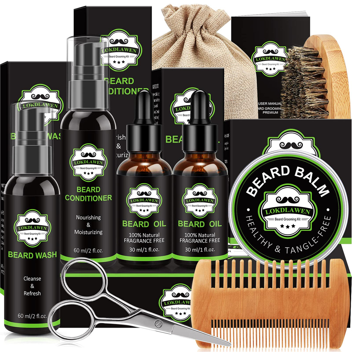 Lokdlawen 9 Piece Beard Kit For Men - Wash, Conditioner, Oil, Balm, Brush, Comb, Scissors, Gift