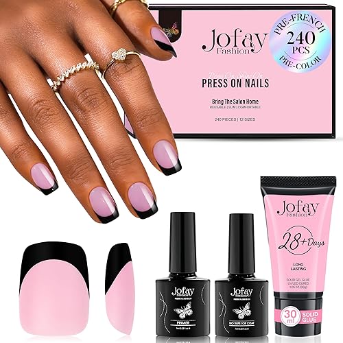 Jofay Fashion Soft Gel Press On Nails Kit, 240 Pcs Black & Pink French Tips, Acrylic