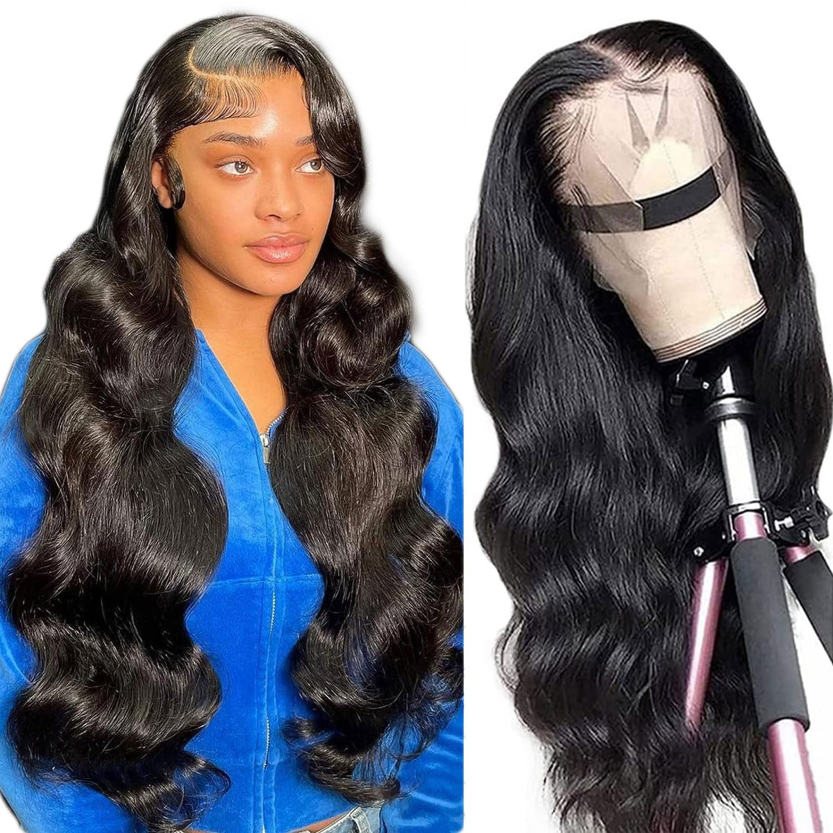 Sunelk 26&quot; Body Wave Lace Front Wig - Brazilian Human Hair, Pre Plucked, 180% Density, Natural Color