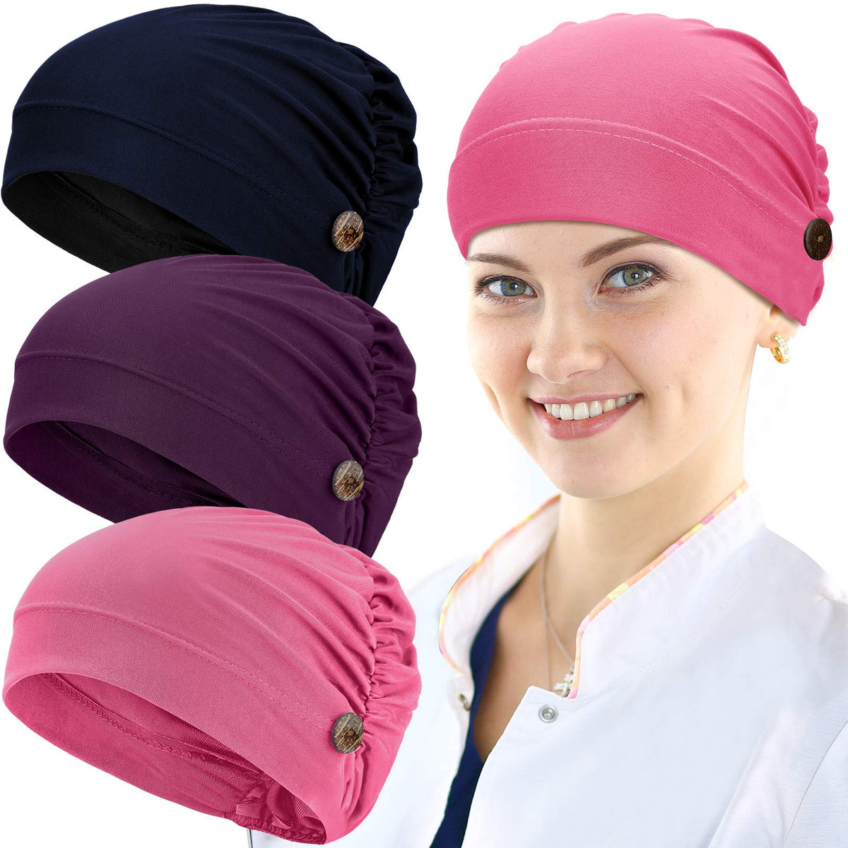 Geyoga 3 Pack Bouffant Caps With Buttons, Unisex Stretchy Headbands In Deep Pink, Purple, Navy