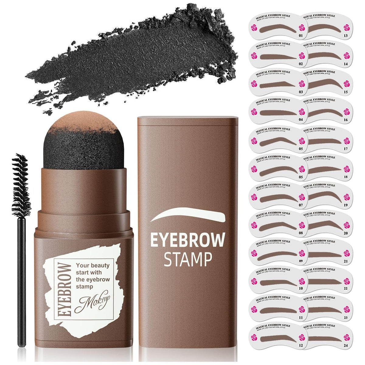 Oetuiow Eyebrow Stamp Stencil Kit - Waterproof, Smudge-Proof, 24 Reusable Shapes, Dark Black