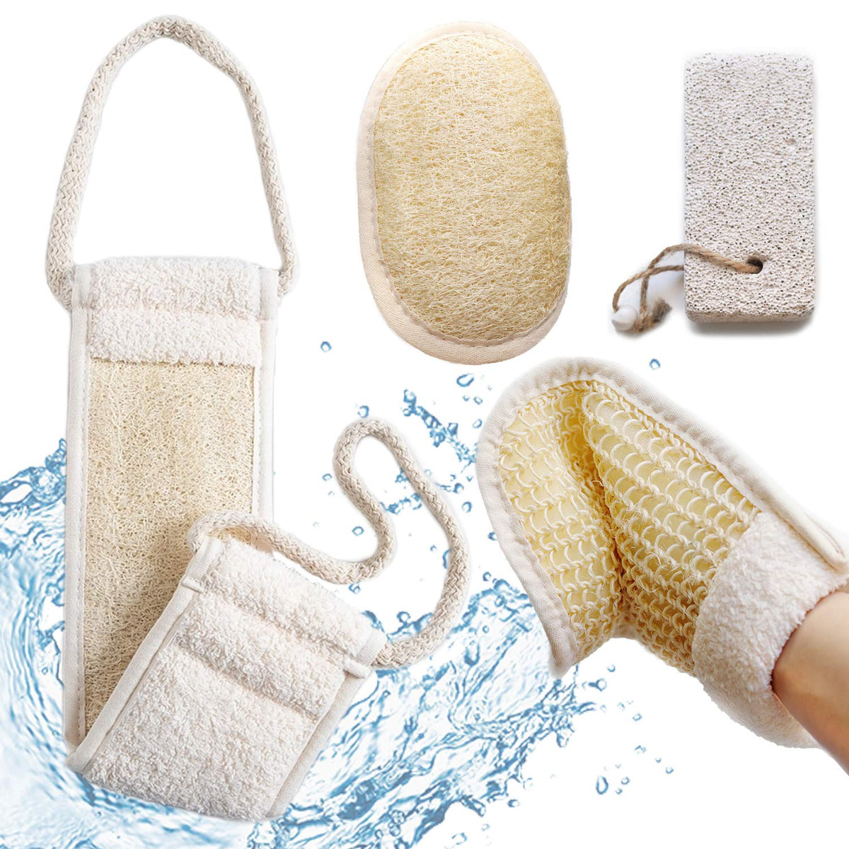 Coimoon Organic Loofah Face Pads & Shower Sponge Set - Natural Pumice, 4 Piece For Men & Women