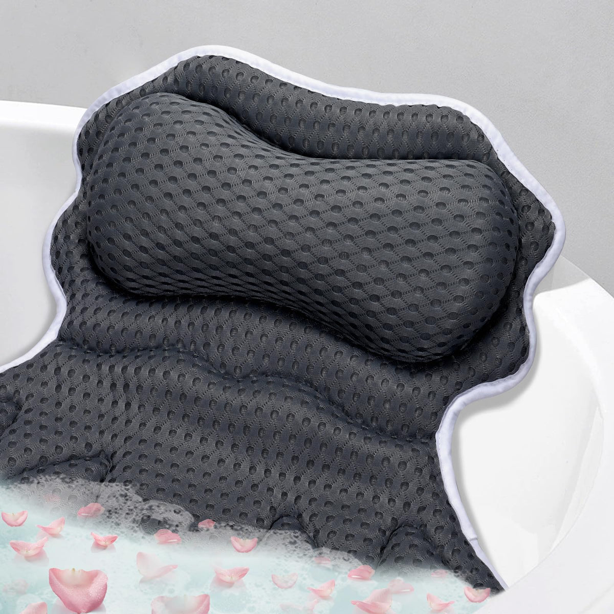 Setsail Bath Pillow - Soft 4D Breathable Mesh, Neck & Back Support With 6 Suction Cups, Black