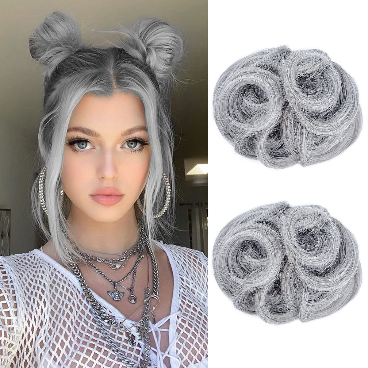 Reecho Space Bun Hair Pieces - 2 Pcs Mini Claw Clip Extensions, Wavy Grey/Brown/Silver/White