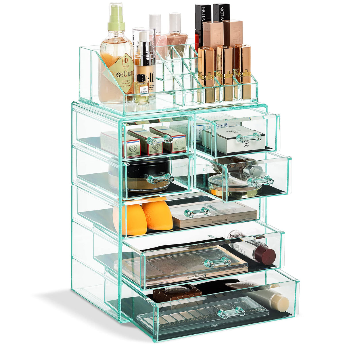 Sorbus Clear Acrylic Cosmetic Makeup Organizer - 3 Large & 4 Small Drawers, Teal Thrill